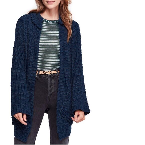 Free People Waterfront‎ Cardigan Nubby Knit Blue Womens Small Open Front - Picture 1 of 12